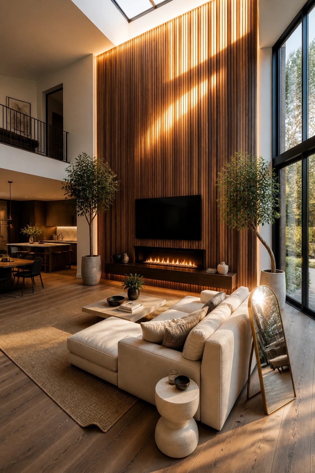 A spacious open-concept living room with a tall vertical wood slat wall behind a fireplace and television, a light sectional sofa on a rug, potted trees, and large windows to the right.