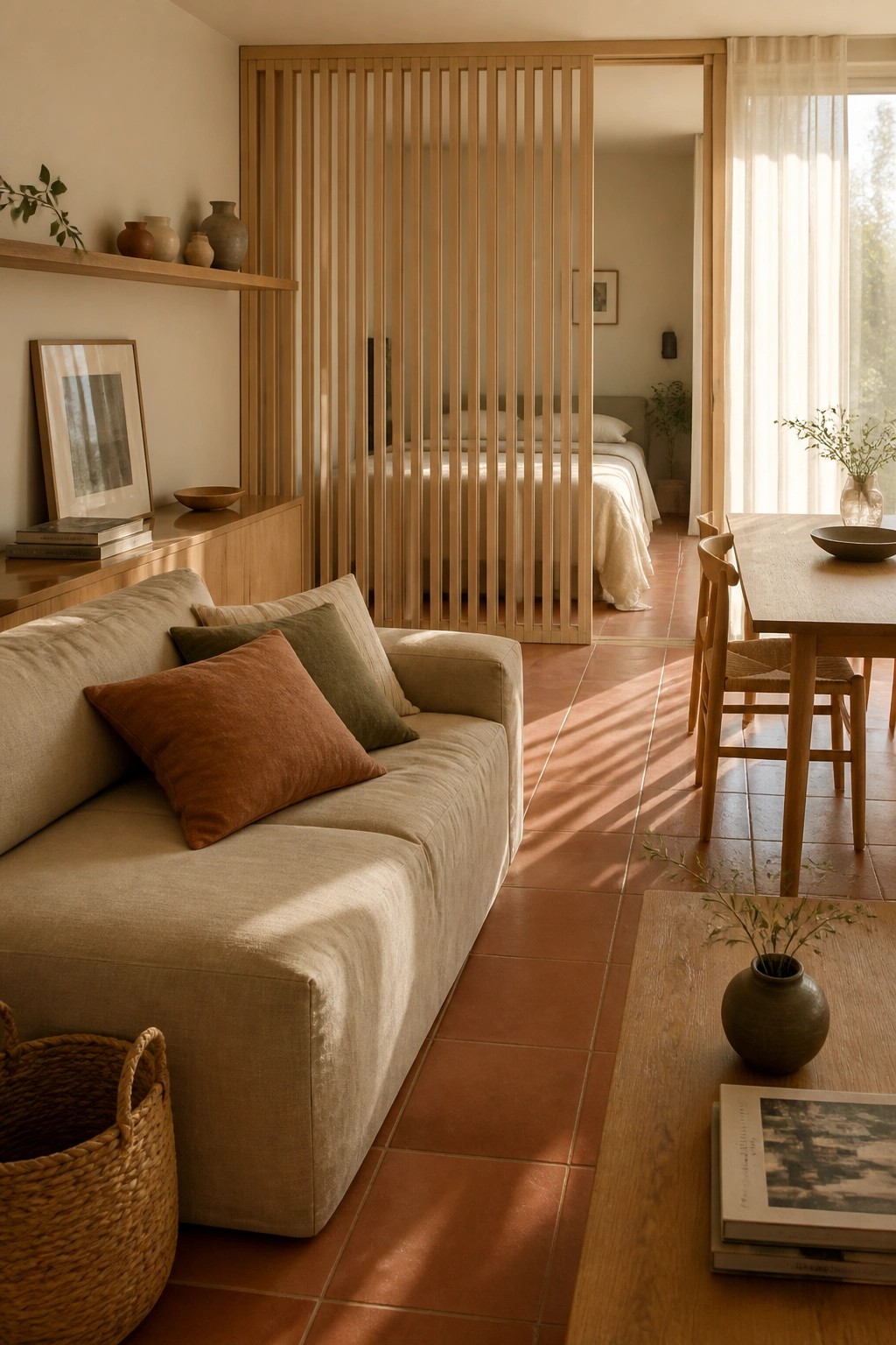 Living area with a beige sofa facing a wooden dining table, separated by tall vertical wood slats from a bedroom with a bed visible in the background.