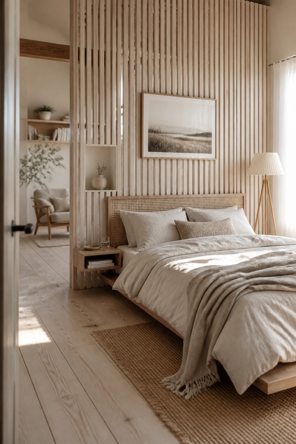 A bedroom with a vertical light wood slat wall behind the bed, a woven headboard, neutral bedding, and an open view through the slats to another room with a chair and shelves.