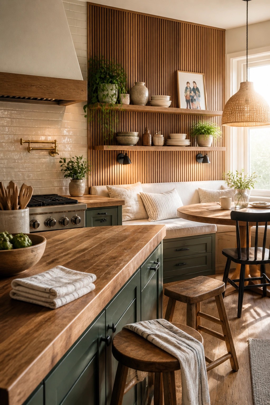 A modern kitchen interior featuring a vertical wood slat accent wall with floating shelves, a built-in upholstered bench, green cabinetry, and a round wooden dining table.