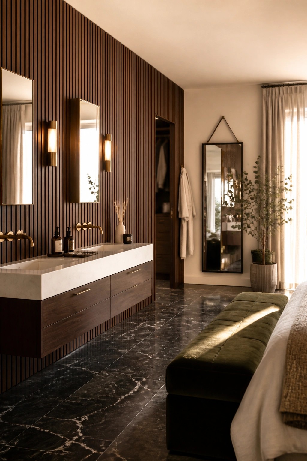 A bathroom vanity with a white marble sink and dark wood base is set against a vertical wood slat wall, with two mirrors and wall sconces, next to an open bedroom area with a green bench and tall hanging mirror.