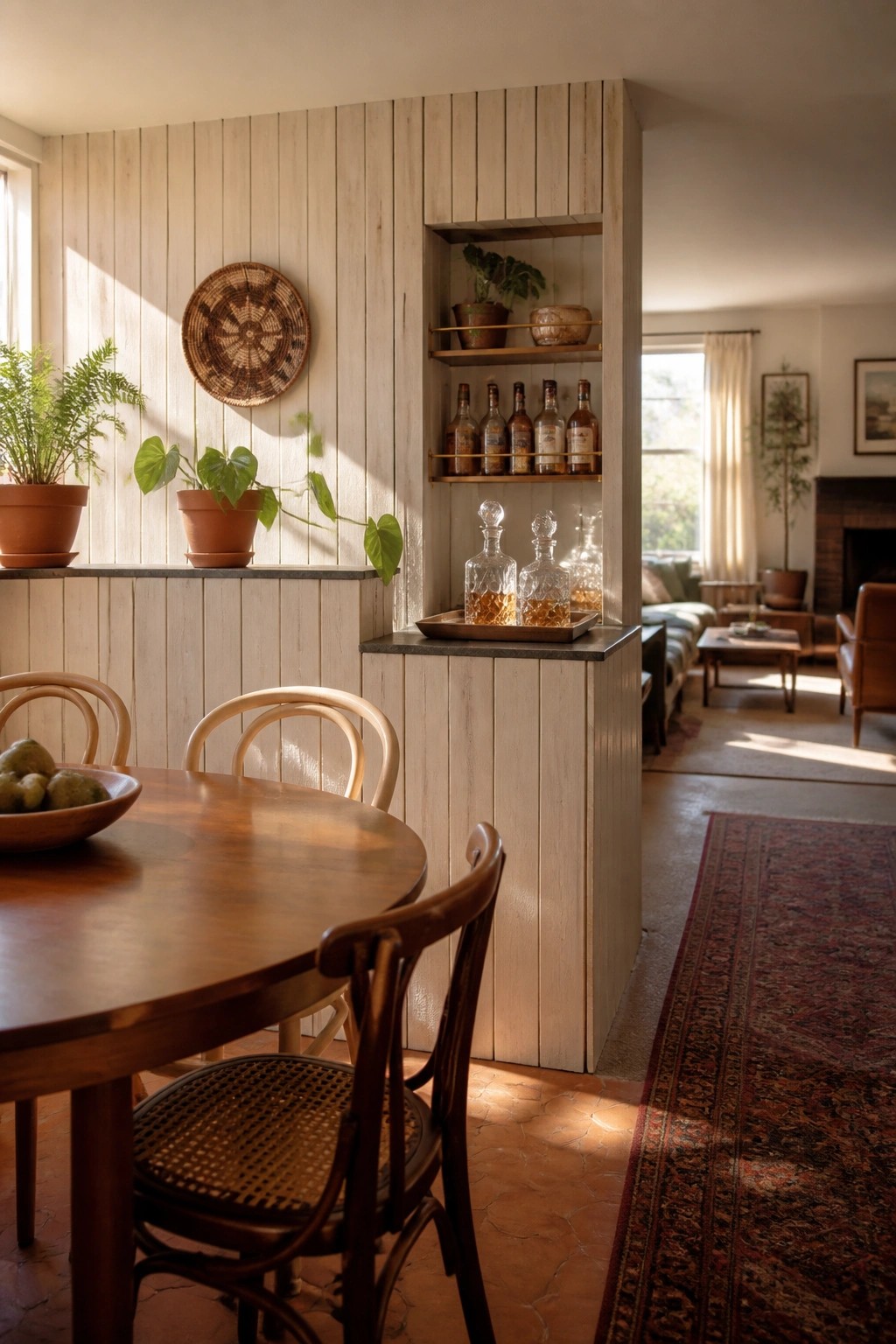 Interior view of a dining space with vertical wood slat walls and built-in shelving holding liquor bottles, opening into a living room beyond.
