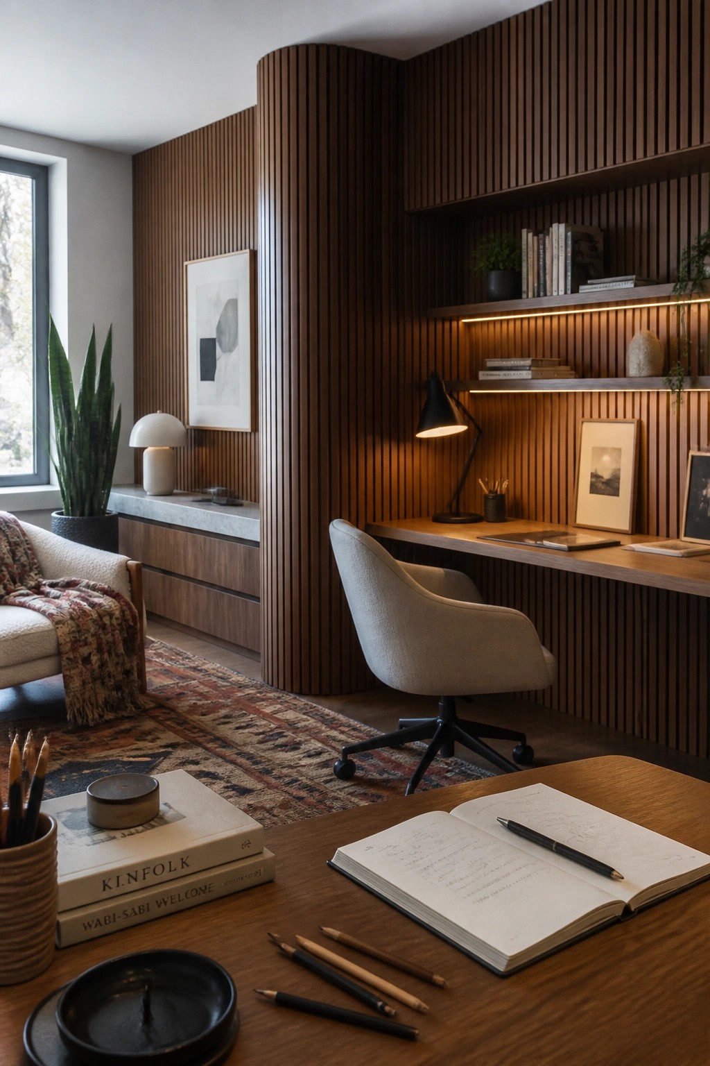 Interior view of a home office featuring vertical wood slat walls, a built-in desk with shelves, an office chair, and a wooden table with an open notebook in the foreground.