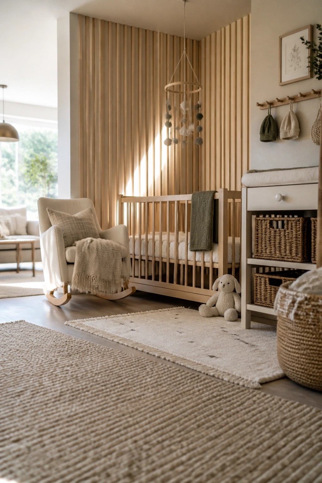A bright nursery with vertical wood slat walls, a wooden crib, rocking chair, and open view into an adjacent living area.