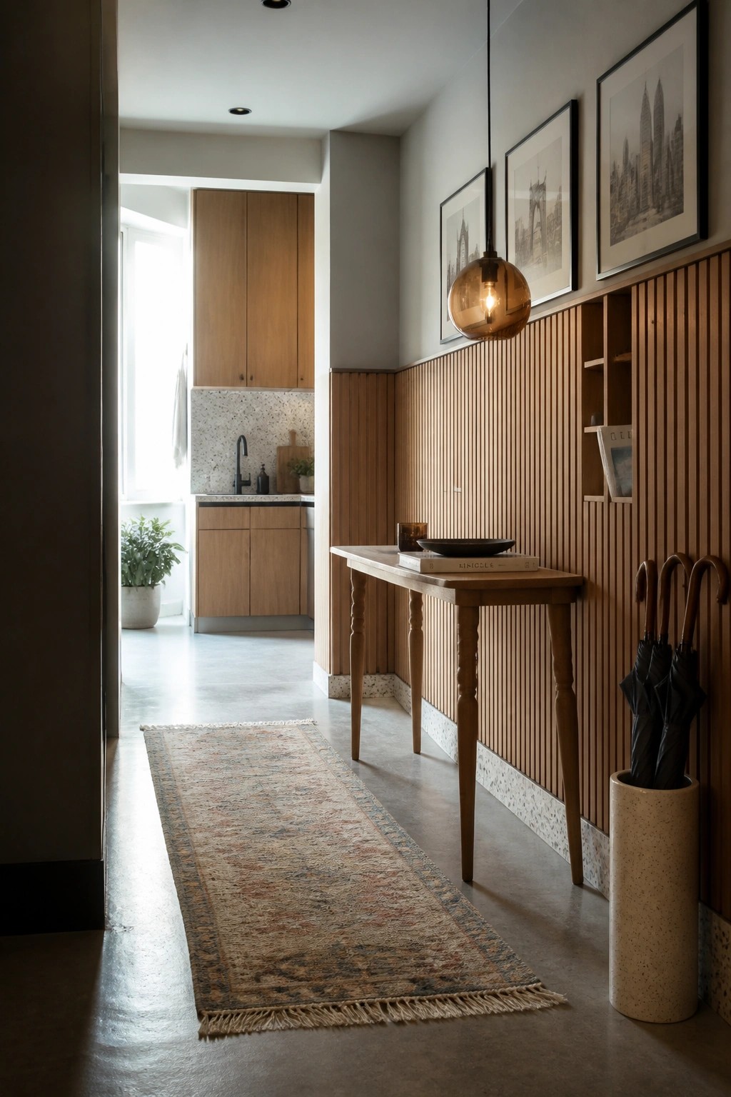 A hallway with vertical wood slat paneling on the right wall, a narrow wooden console table, and framed prints above, leading toward a kitchen with light wood cabinets.