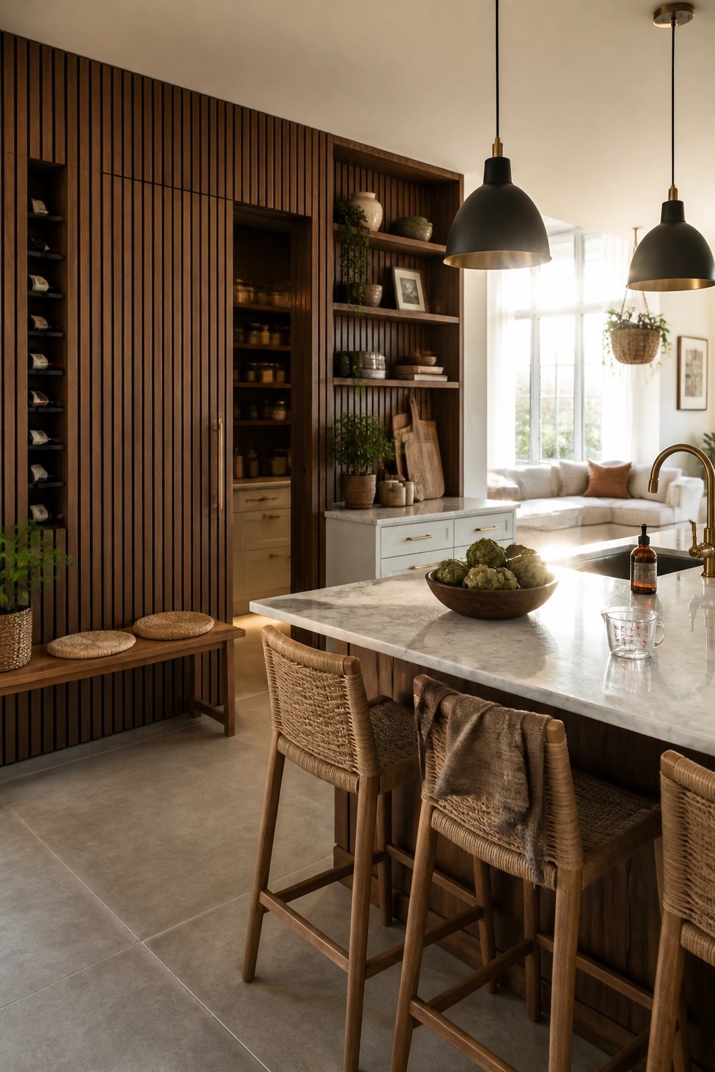 A kitchen with a vertical wood slat wall featuring built-in shelves and cabinetry, a marble island with woven bar stools, and black pendant lights.