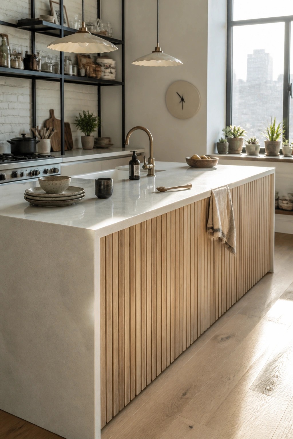 A kitchen island with vertical wood slat paneling on the side, white countertop, and open shelving in the background.