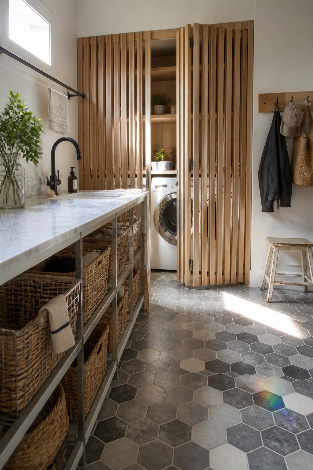 A laundry room featuring a long marble counter with metal shelves holding woven baskets, black faucet, and tall wooden slatted doors partially open to reveal two white washing machines on a gray hexagonal tile floor.