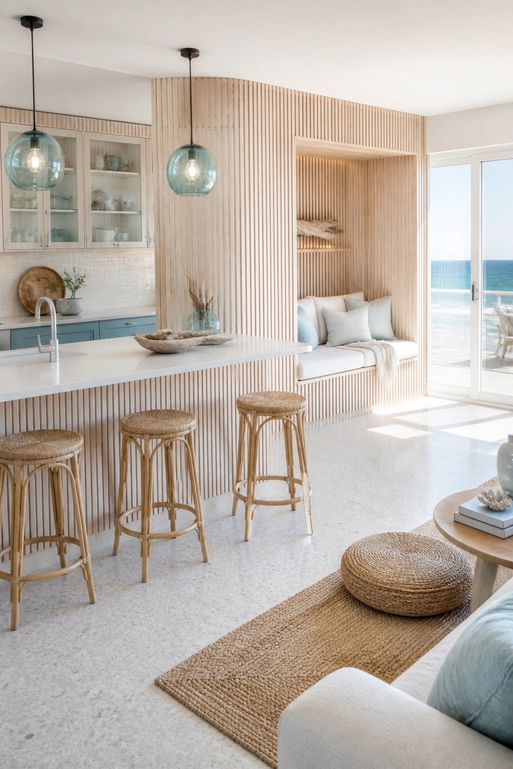 An open-concept kitchen and living space with vertical light wood slat walls, a white island, woven bar stools, and a built-in cushioned seating nook.