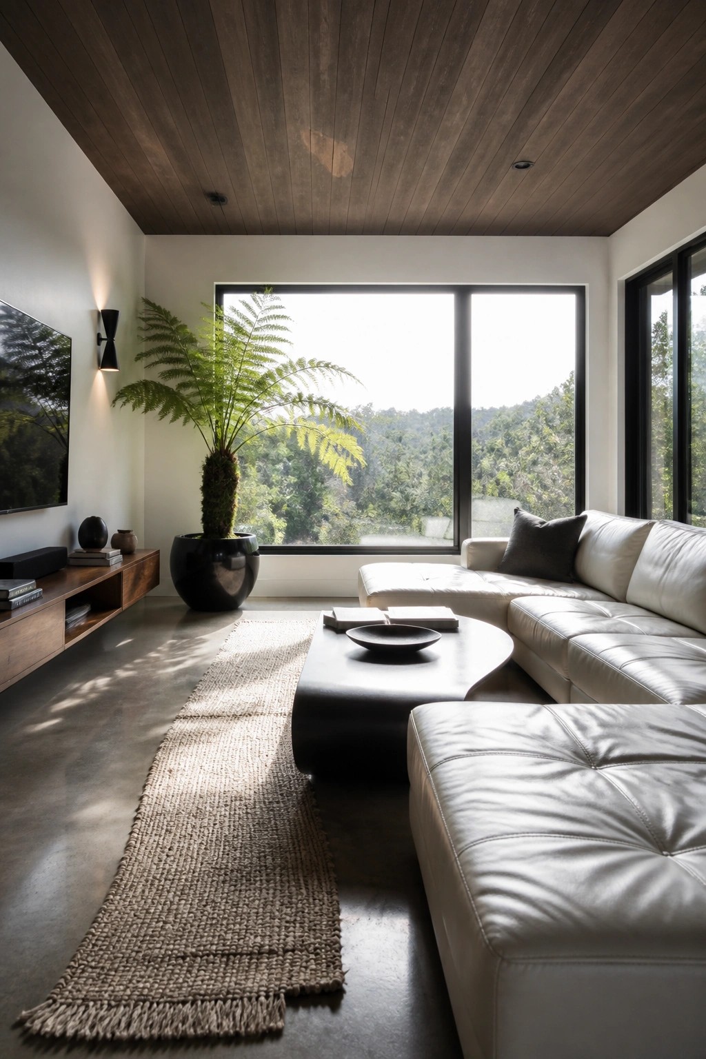 A modern living room with a dark wood plank ceiling, white leather sectional sofa, black coffee table on a woven rug, and a large window overlooking trees.