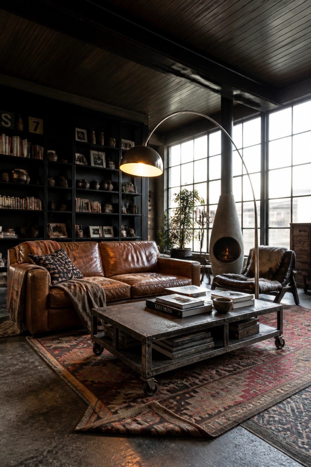 A living room with a dark wood plank ceiling, brown leather sofa, industrial coffee table on a patterned rug, and large windows next to a concrete fireplace.