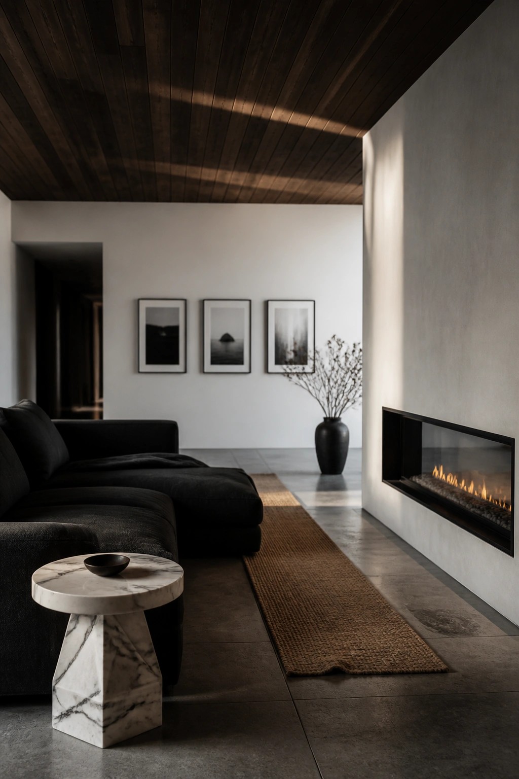 A living room featuring a dark wood plank ceiling, black sectional sofa, round marble side table, and built-in linear fireplace along a light wall.