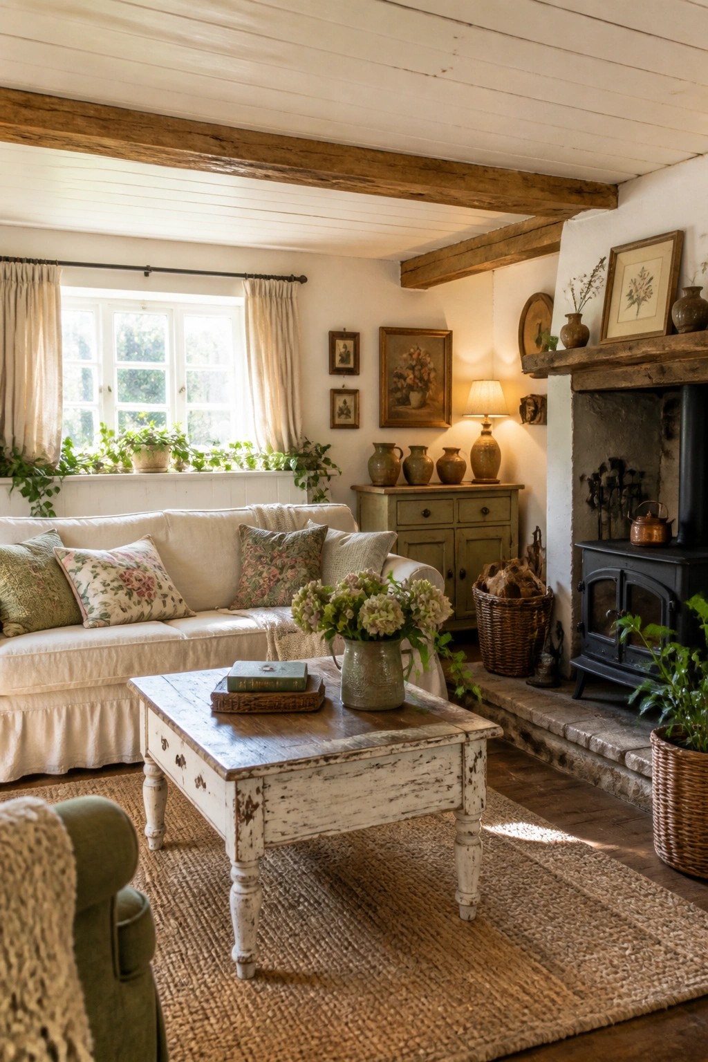 A cozy living room interior with white walls, a white sofa, wooden coffee table, fireplace, and exposed dark wood beams on a white plank ceiling.