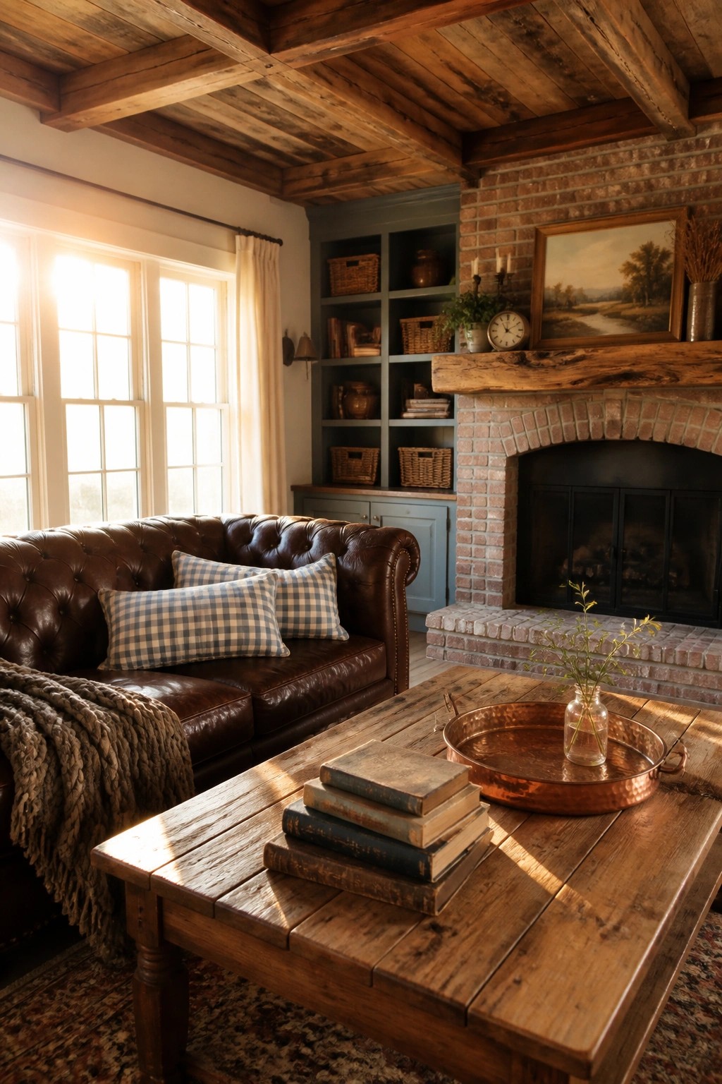 A living room featuring a brown leather sofa with blue check pillows, a rustic wooden coffee table, a brick fireplace, and an exposed wood beam ceiling.