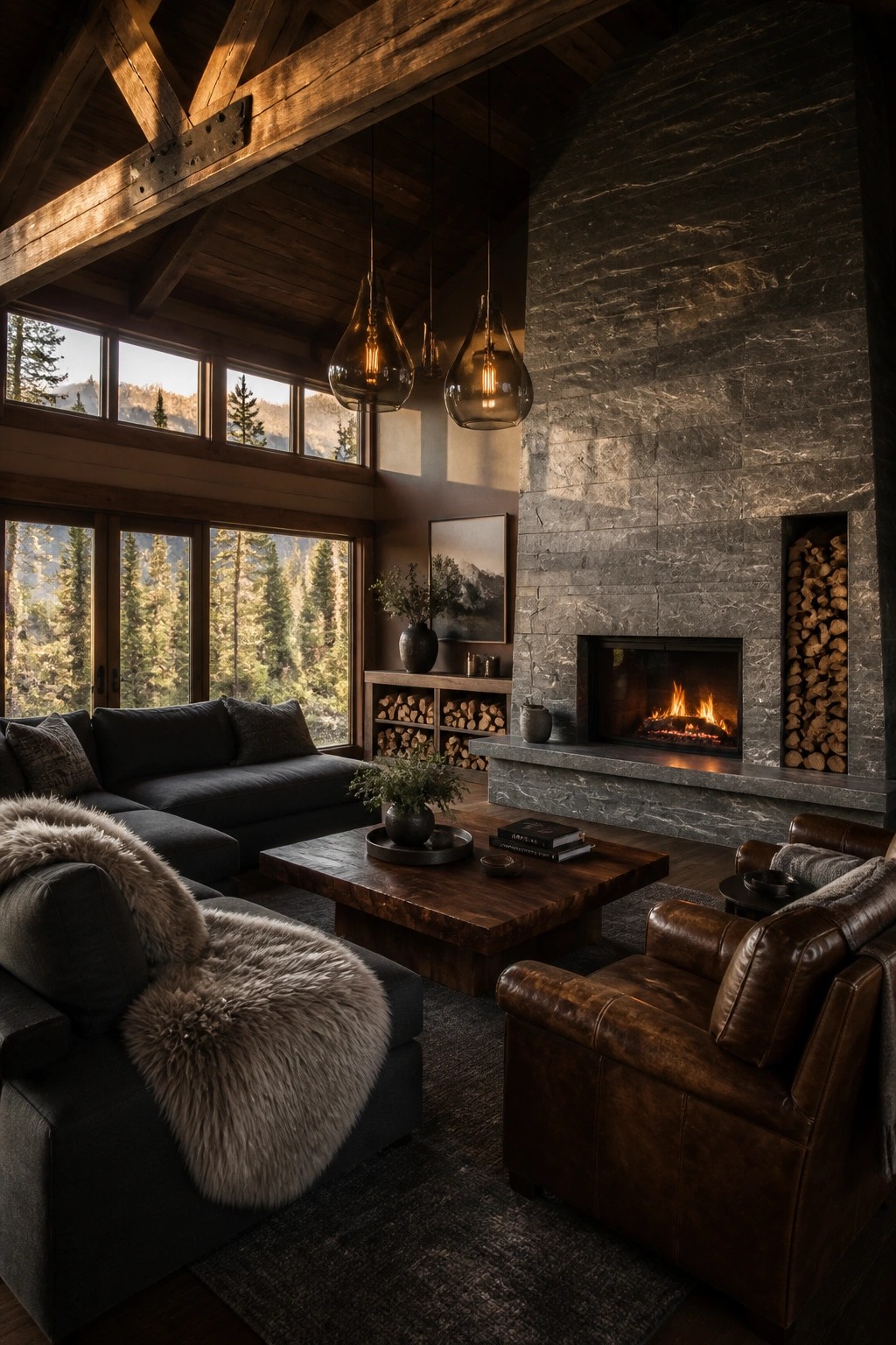 A living room with dark wooden ceiling beams, a stone fireplace, large windows, and leather and fabric seating arranged around a wooden coffee table.