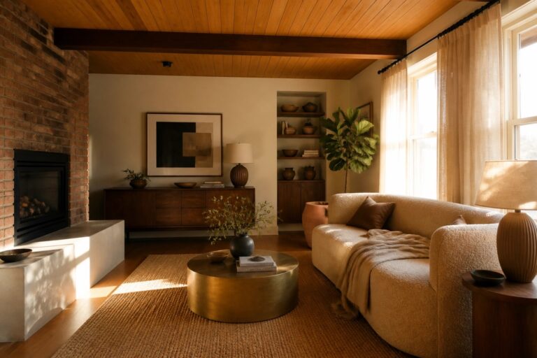 22 Cozy Wood Ceiling Living Room Ideas That Add Warmth Without Clutter A living room with a wood plank ceiling and beams, a curved sofa, round brass coffee table, and sunlight through windows.