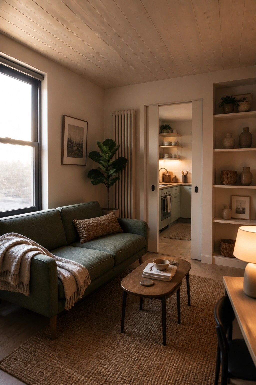 A living room with a light wood plank ceiling, a green sofa, a wooden coffee table on a jute rug, and an open doorway showing a small kitchen.