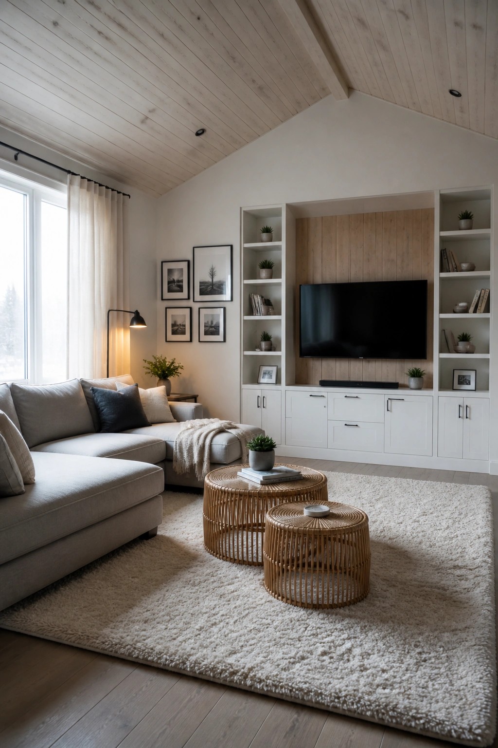 Cozy living room with beige sectional sofa, rattan tables, white shag rug, and TV unit