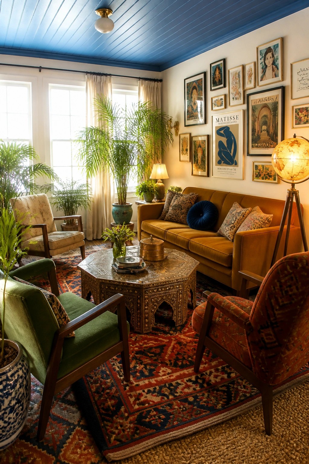 A living room with a blue painted wood plank ceiling, mustard sofa, patterned rug, green armchair, and gallery wall of framed art.