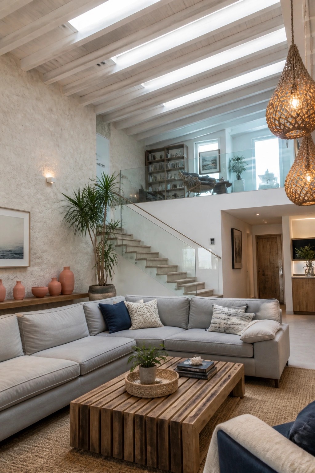 Modern living room with gray sectional sofa, wooden coffee table, and glass-railed staircase.