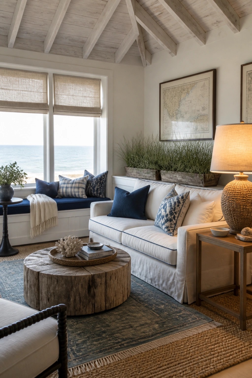 Living room interior with whitewashed wood ceiling beams, white sofa, round wood coffee table, and windows overlooking the ocean.