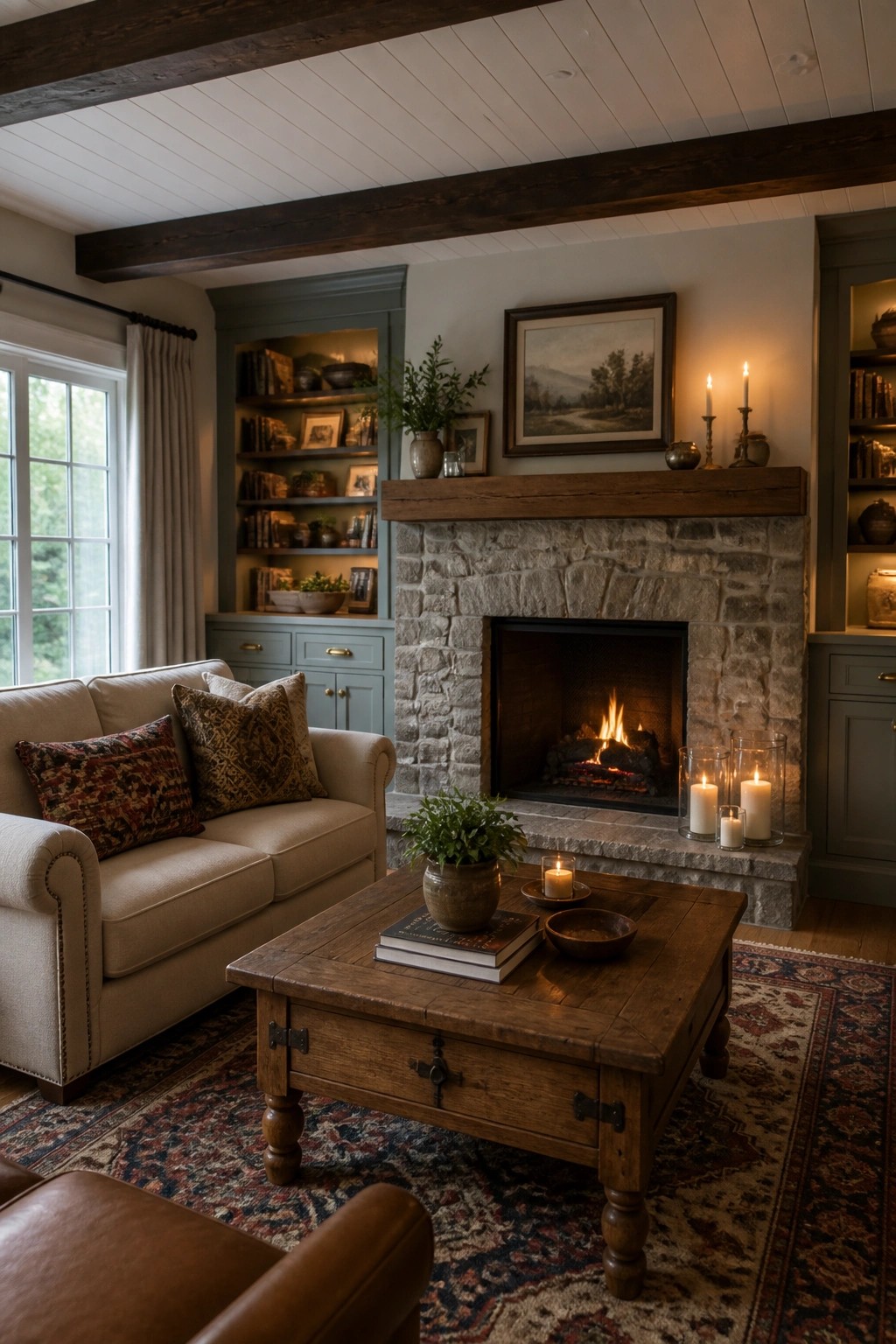 A living room with a white paneled ceiling featuring dark wooden beams, a stone fireplace, a wooden coffee table on a patterned rug, and a beige sofa with pillows.