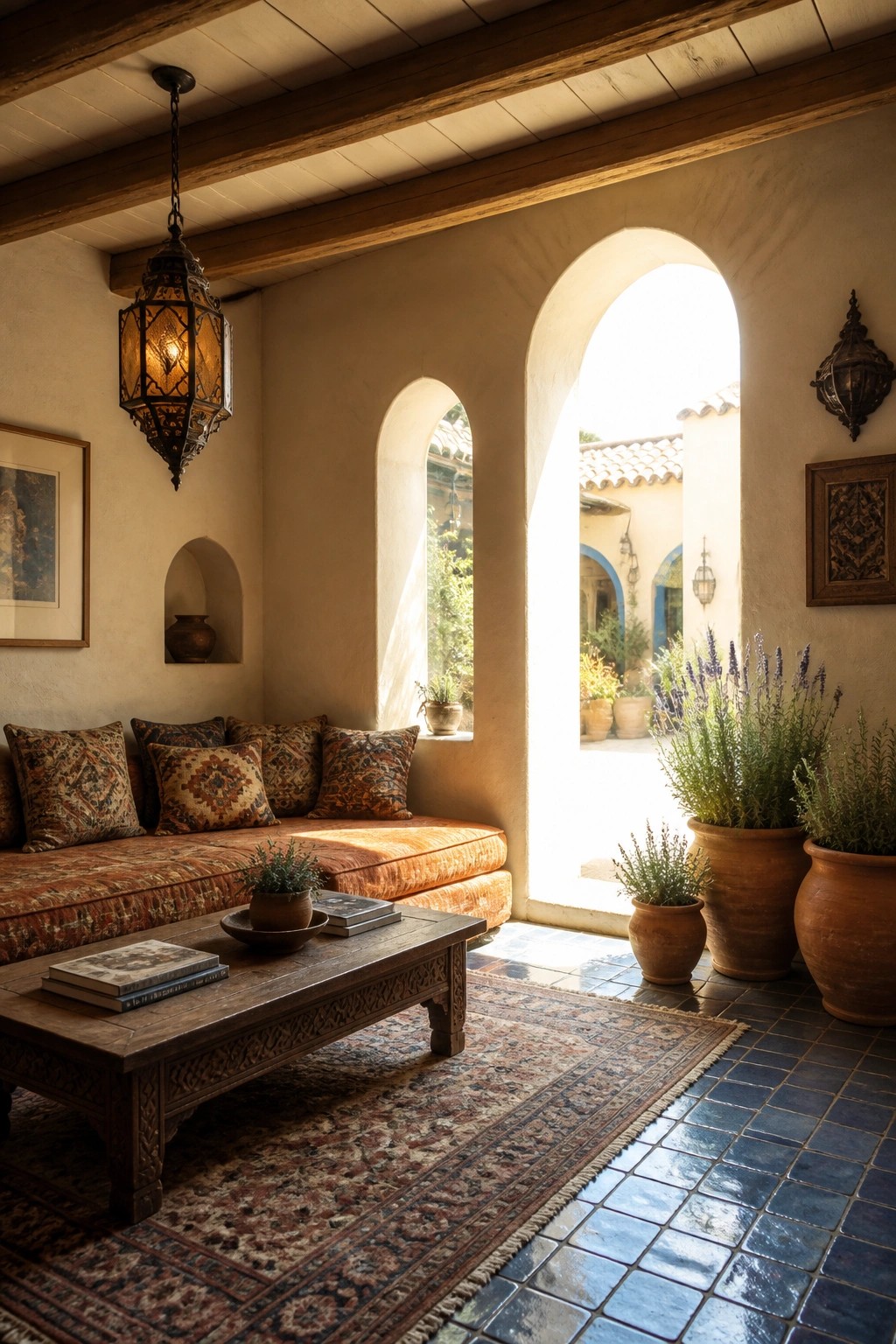 An interior living space with exposed wooden ceiling beams, a cushioned bench along the wall, a low wooden coffee table on a patterned rug, and large potted plants near an arched opening to an outdoor courtyard.