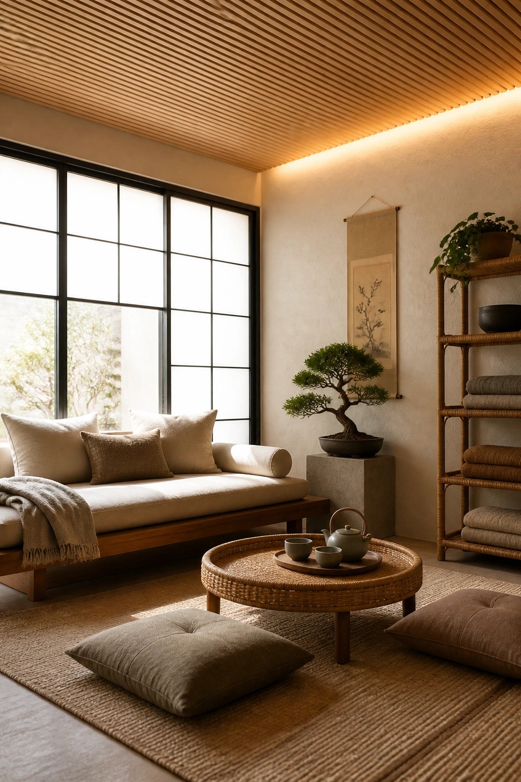 Minimalist Japanese room with bonsai, woven table, low sofa, floor cushions, and rug.