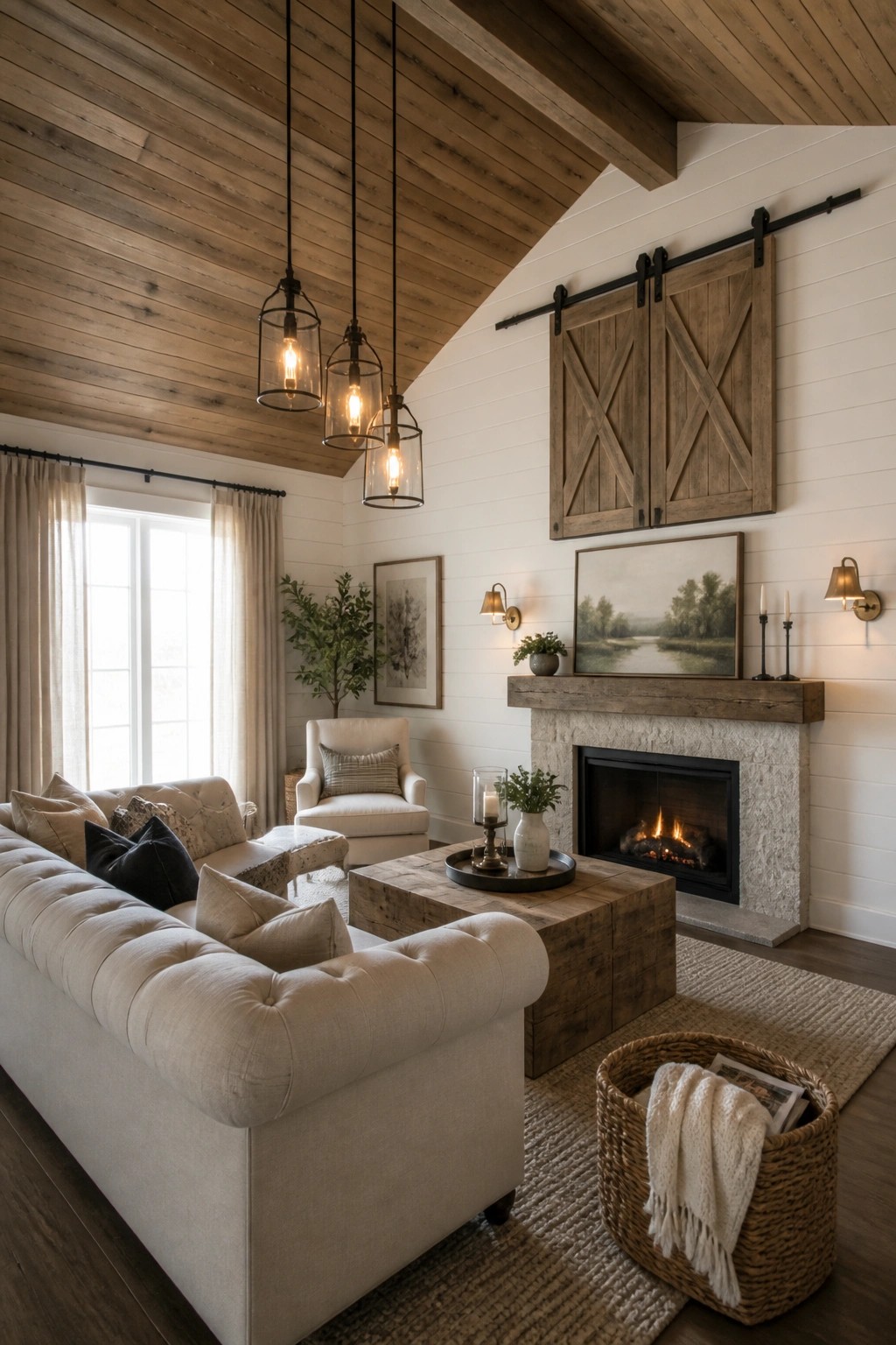 A living room featuring a wood plank ceiling with exposed beams, a stone fireplace, neutral upholstered sofa, wooden coffee table, and sliding barn doors on the wall.