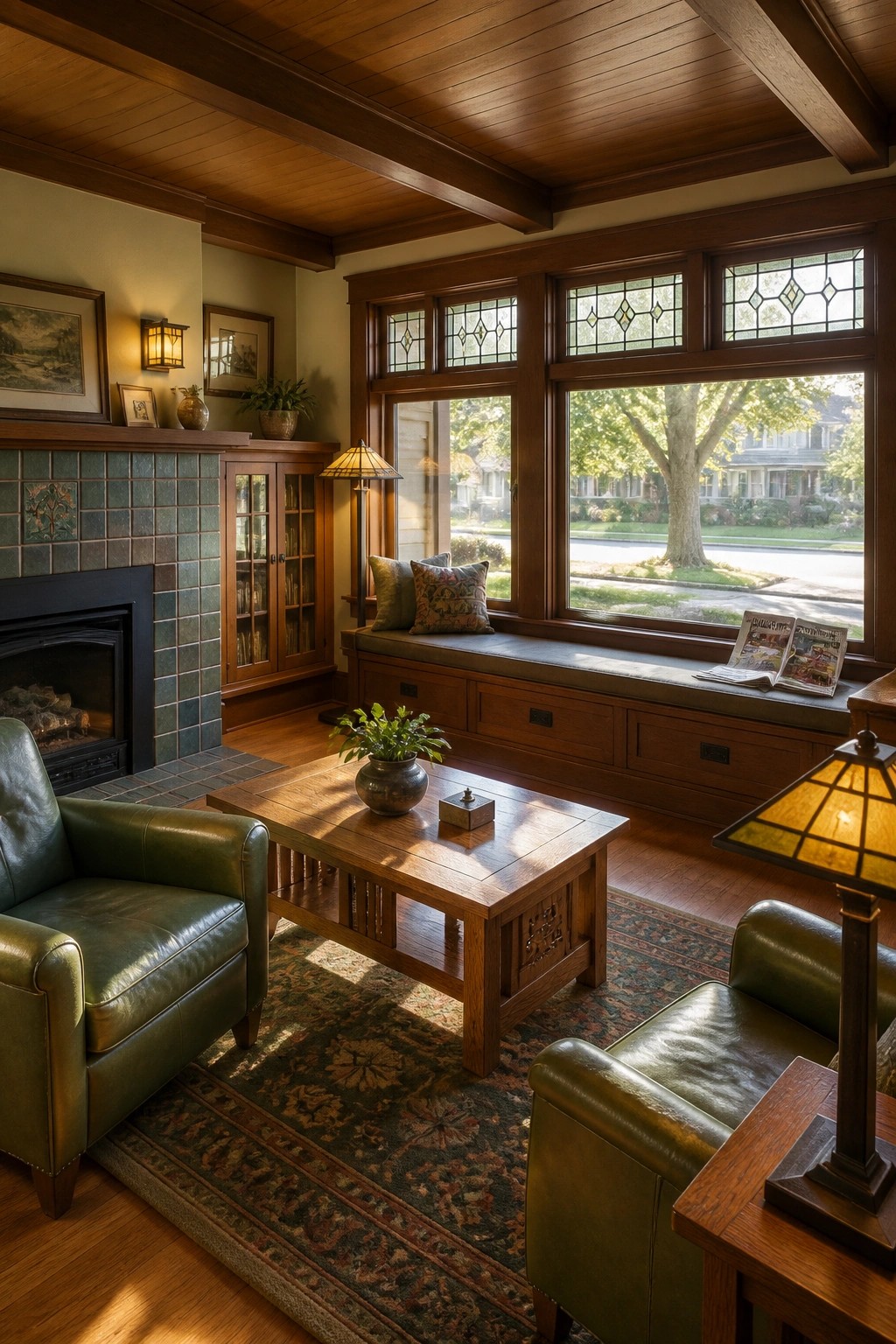 A living room interior featuring a dark wood ceiling with exposed beams, green leather armchairs, a wooden coffee table, built-in window seating, and a tiled fireplace.