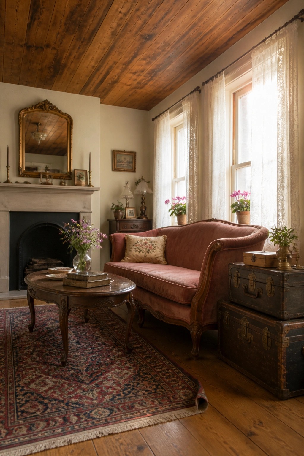 A living room featuring a dark wood plank ceiling, a red upholstered sofa, a round wooden coffee table on a patterned rug, and a white fireplace on the left wall.