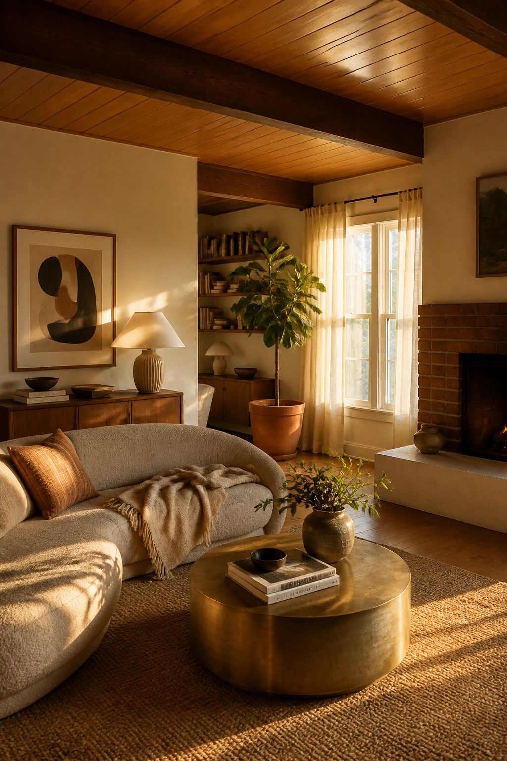 A living room with a wood plank ceiling and beams, a curved sofa, round brass coffee table, and sunlight through windows.