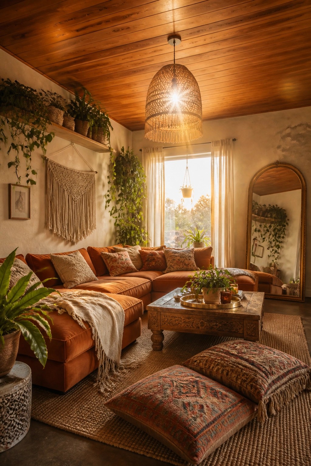A living room with a wooden plank ceiling, an orange sectional sofa, a carved coffee table, patterned floor pillows, hanging plants on a shelf, and a large woven pendant light.