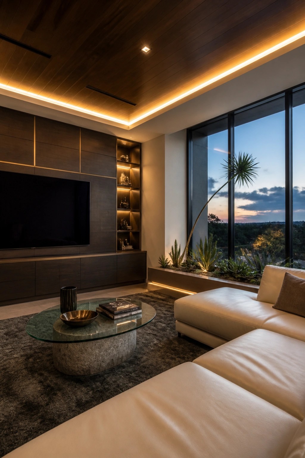 A living room interior with a dark wood ceiling that has integrated warm linear lighting, a white sectional sofa, a round glass coffee table on a dark rug, and large windows showing an outdoor view at dusk.