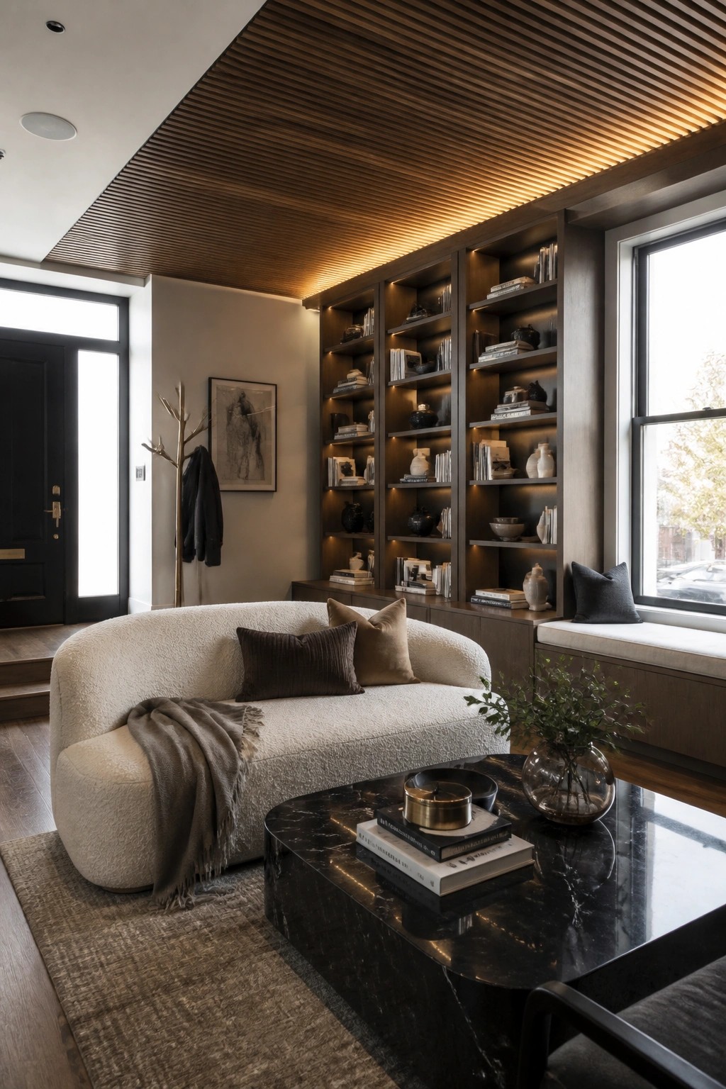 A modern living room with a slatted wood ceiling lit from within, a curved white sofa, a black marble coffee table, and built-in wooden bookshelves along one wall.