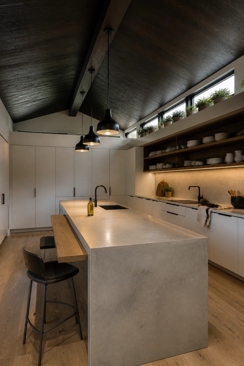 Modern kitchen with large concrete island, black pendant lights, white cabinets, and wooden ceiling.