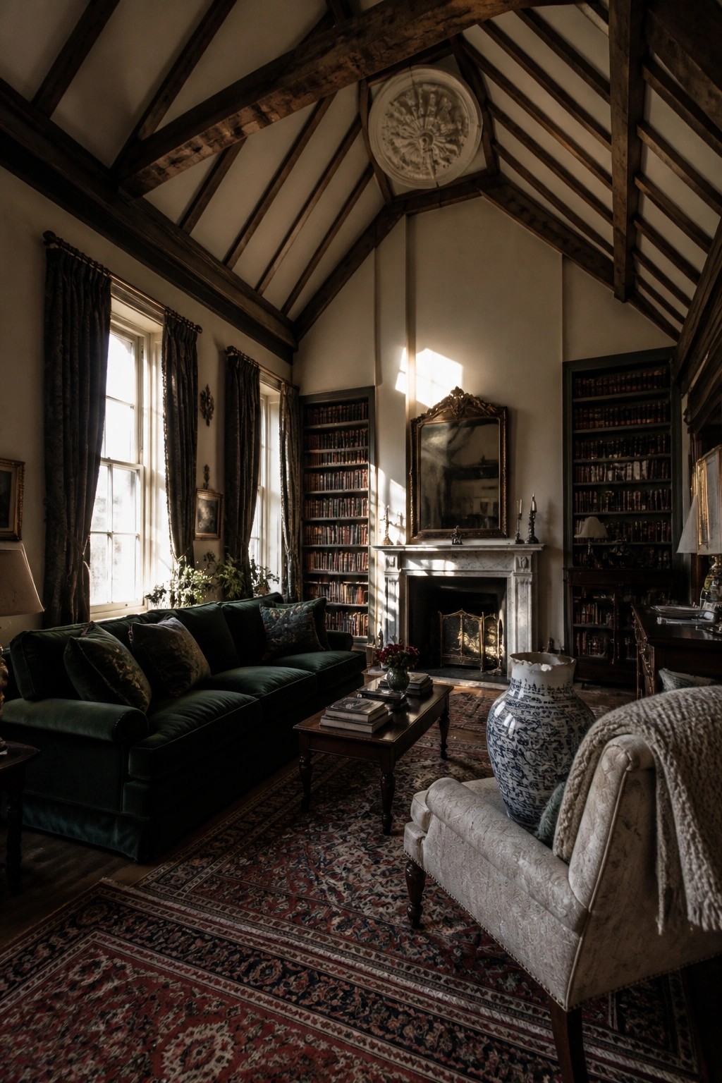 A living room interior with a high vaulted ceiling of dark wooden beams, a green sofa, fireplace, bookshelves, and patterned rugs.