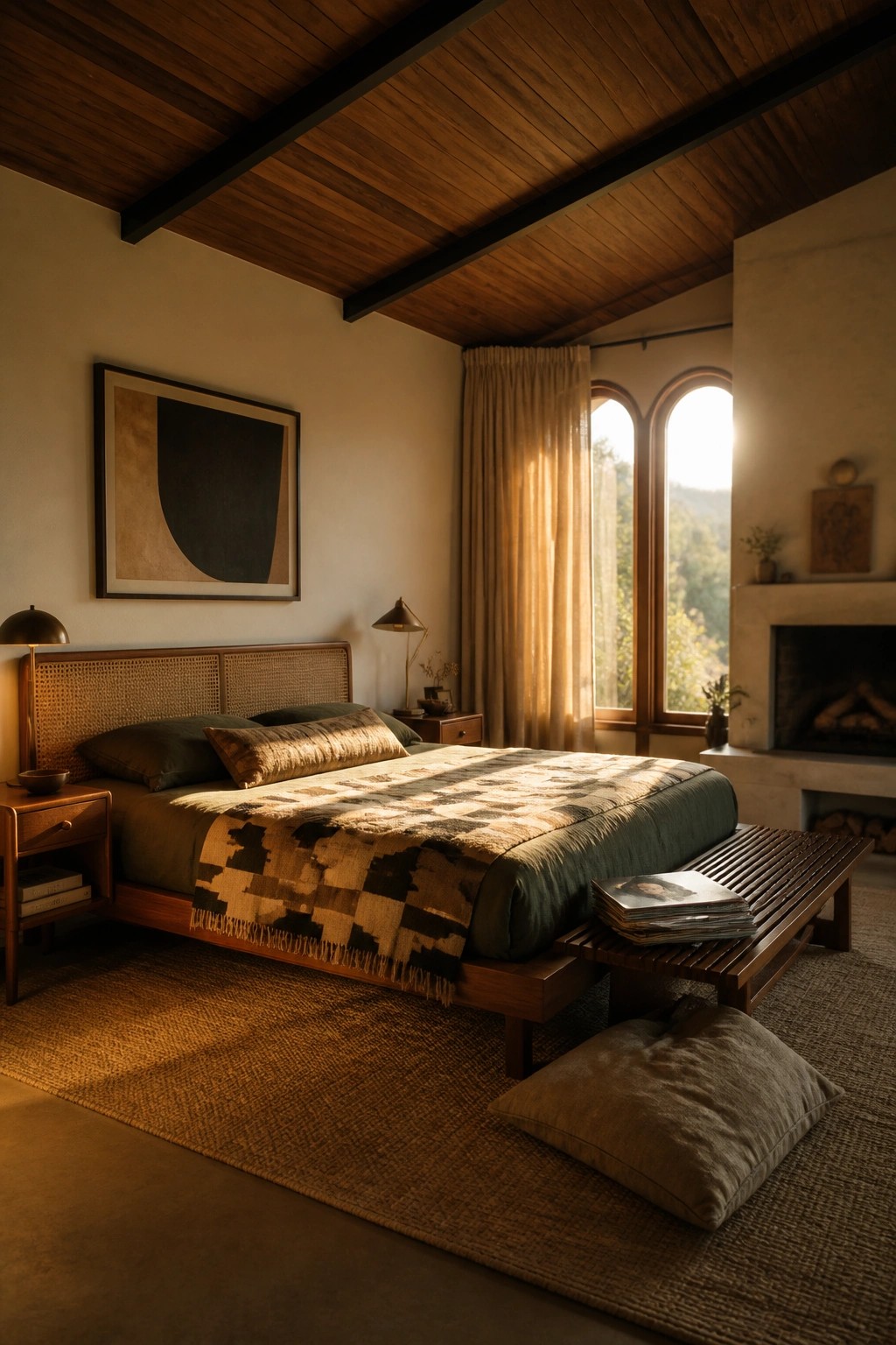 A bedroom with a vaulted wood ceiling featuring dark exposed beams, a wooden bed with green bedding, a fireplace on the right, and arched windows with sheer curtains.