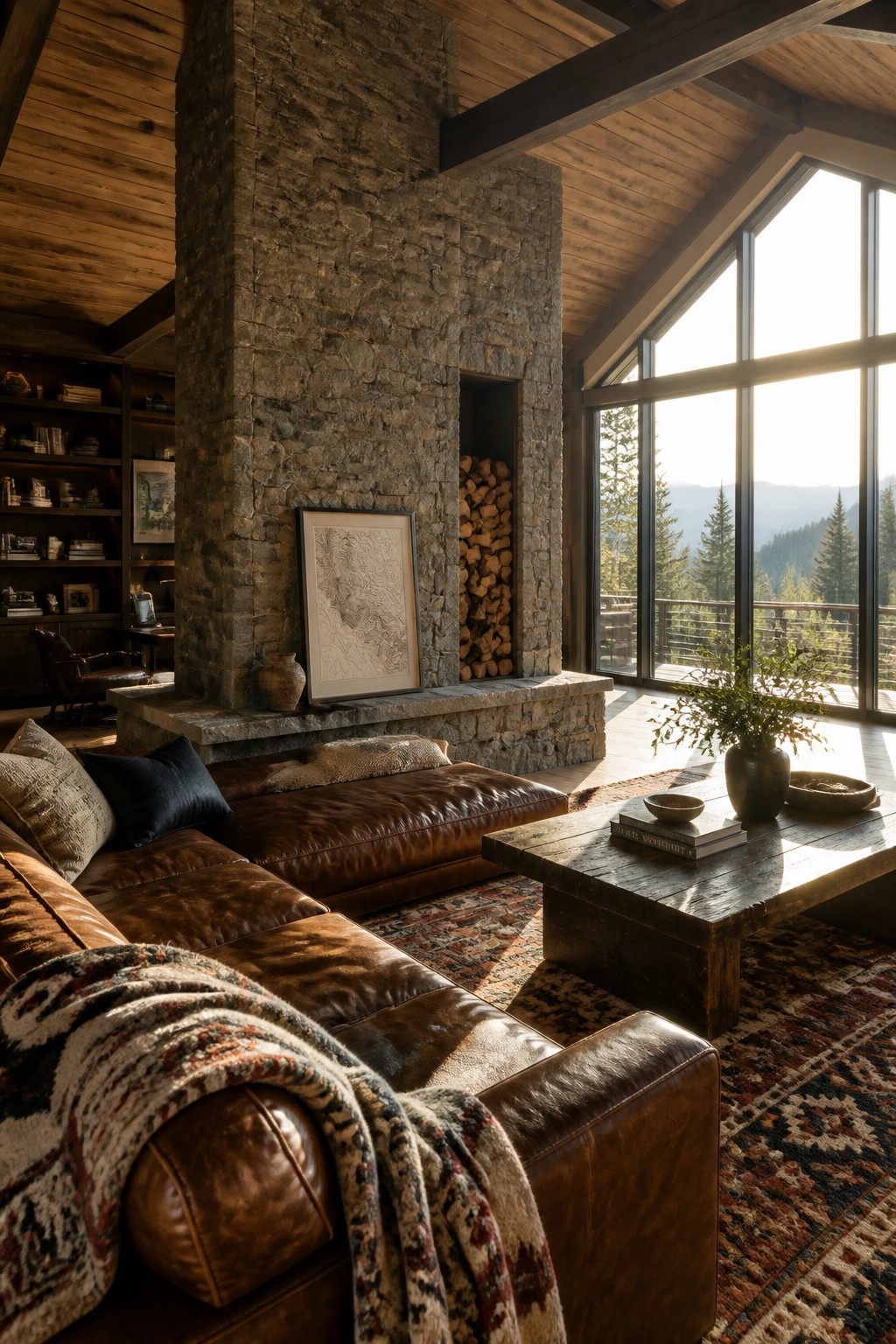 Interior view of a living room with a vaulted wood plank ceiling, dark exposed beams, a tall stone fireplace, and a brown leather sectional sofa.