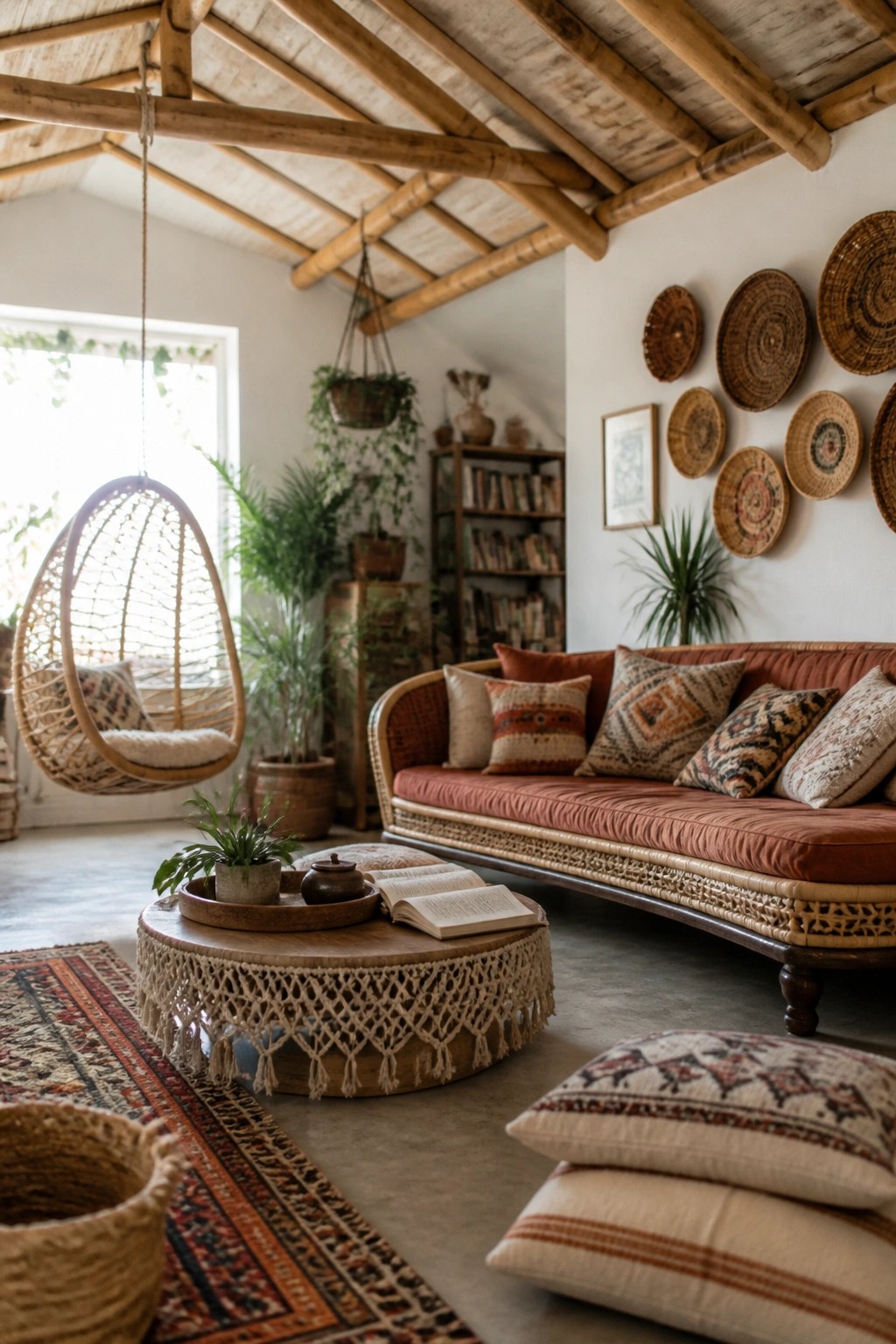 A living room interior with a vaulted ceiling of exposed wooden beams, a hanging wicker chair on the left, and a long rust-colored sofa against the right wall.