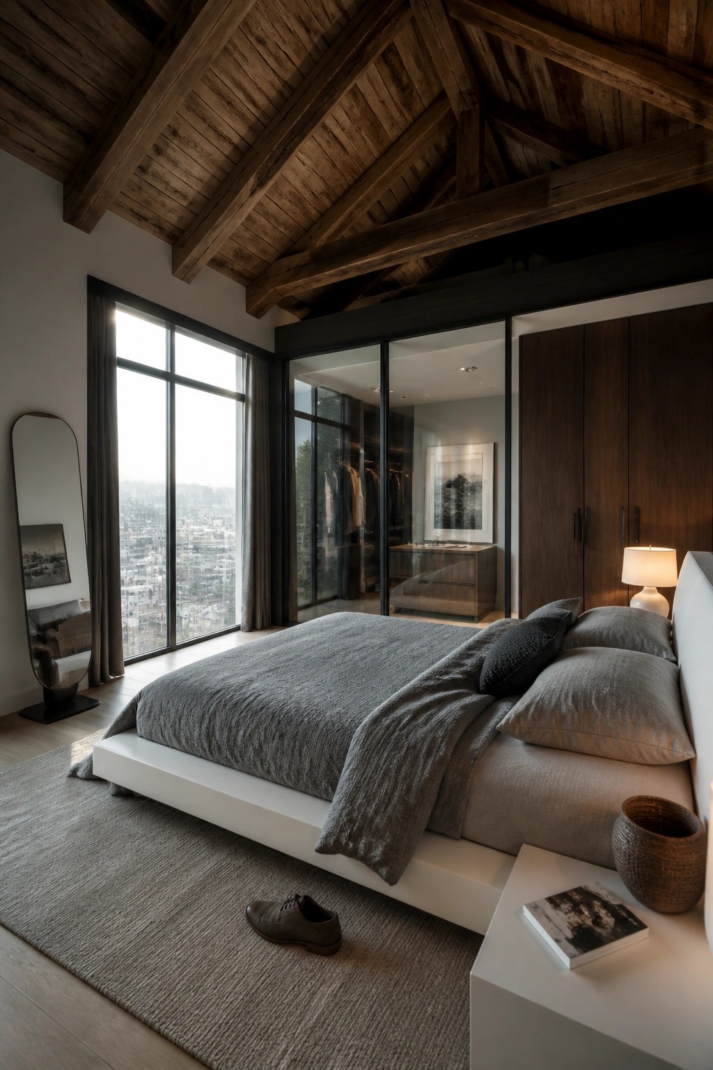 A modern bedroom with a vaulted ceiling of dark wooden beams, a large bed with gray bedding, floor-to-ceiling windows, and a walk-in closet with glass doors.