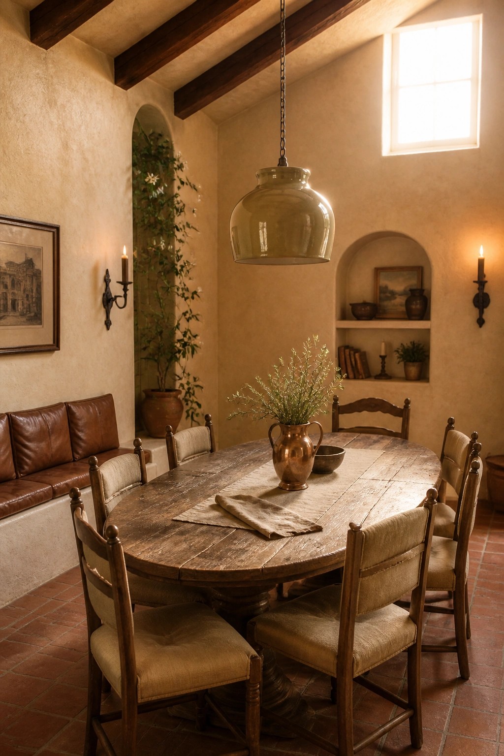 A rustic dining room with a large round wooden table, upholstered chairs, a copper vase centerpiece, and a vaulted ceiling with dark exposed wood beams.