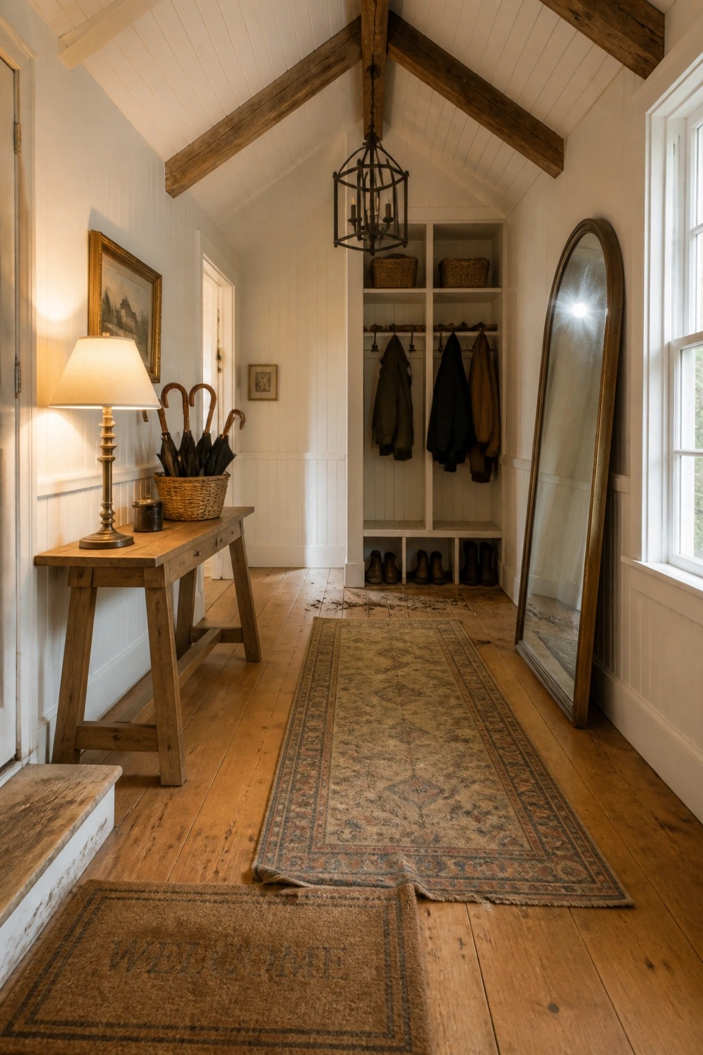 Interior view of a narrow hallway with white walls, wooden floor, a long runner rug, and a high vaulted ceiling featuring exposed dark wood beams and a black metal chandelier.