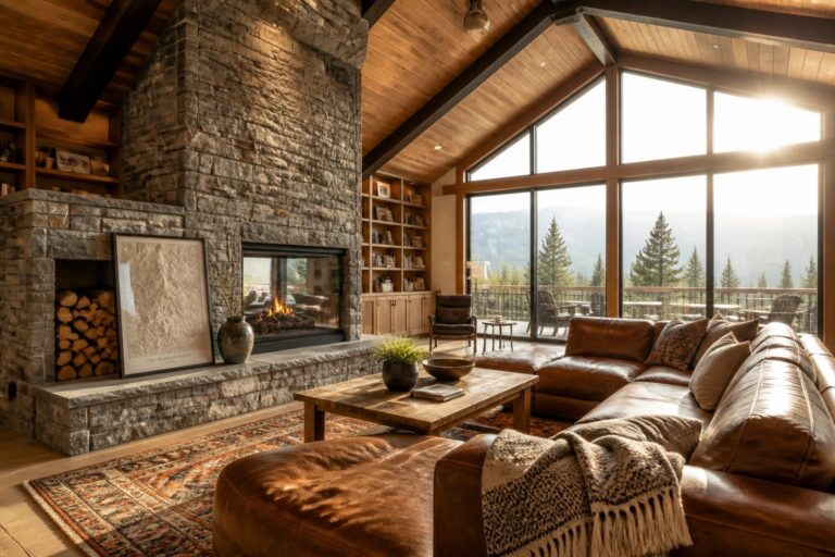 21 Dramatic Vaulted Wood Ceiling Ideas That Emphasize Height and Openness Interior view of a living room with a vaulted wood plank ceiling, dark exposed beams, a tall stone fireplace, and a brown leather sectional sofa.