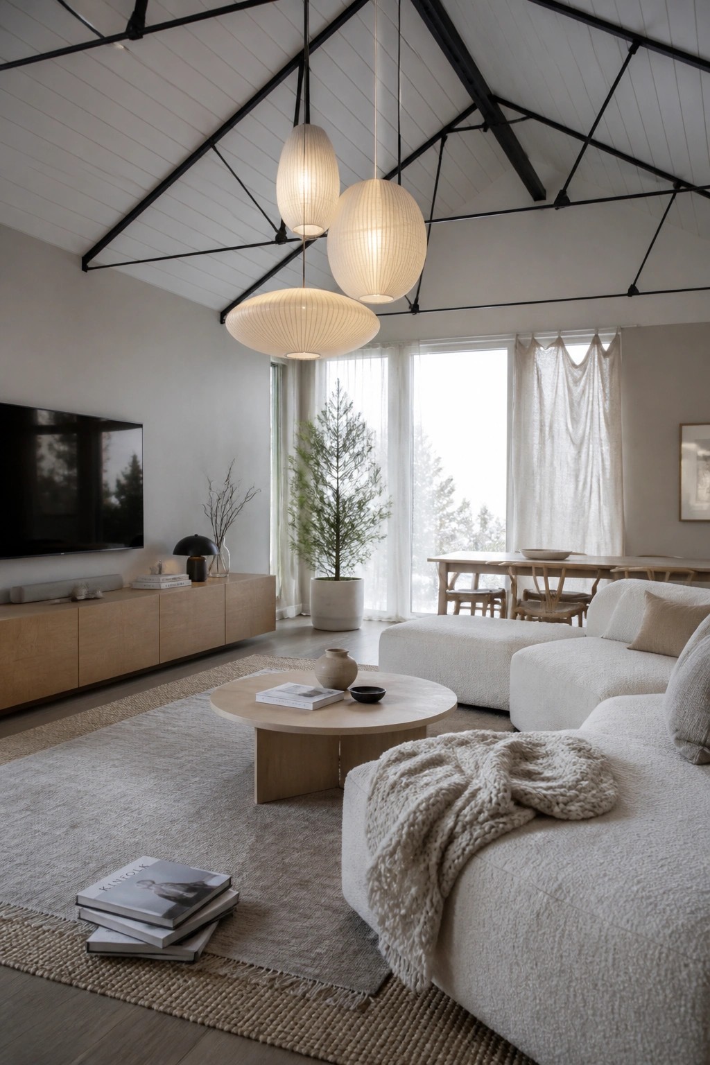 A living room interior with a vaulted ceiling of white wood planks and black exposed beams, a white sectional sofa, round wood coffee table on a beige rug, and large windows with sheer curtains.