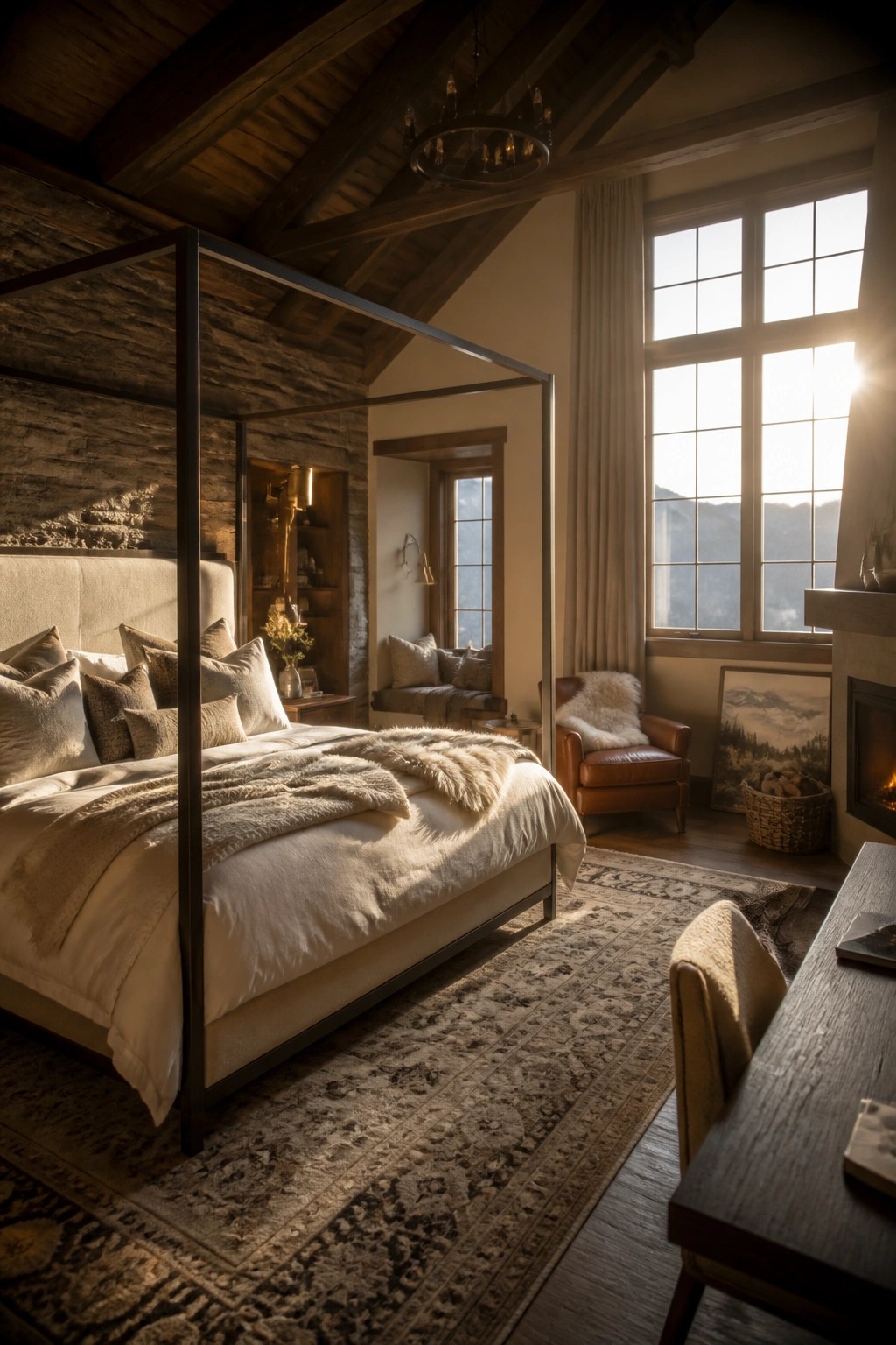 A bedroom with a high vaulted ceiling of dark wood beams, a four-poster bed with white linens, a stone accent wall, and a large window overlooking mountains.