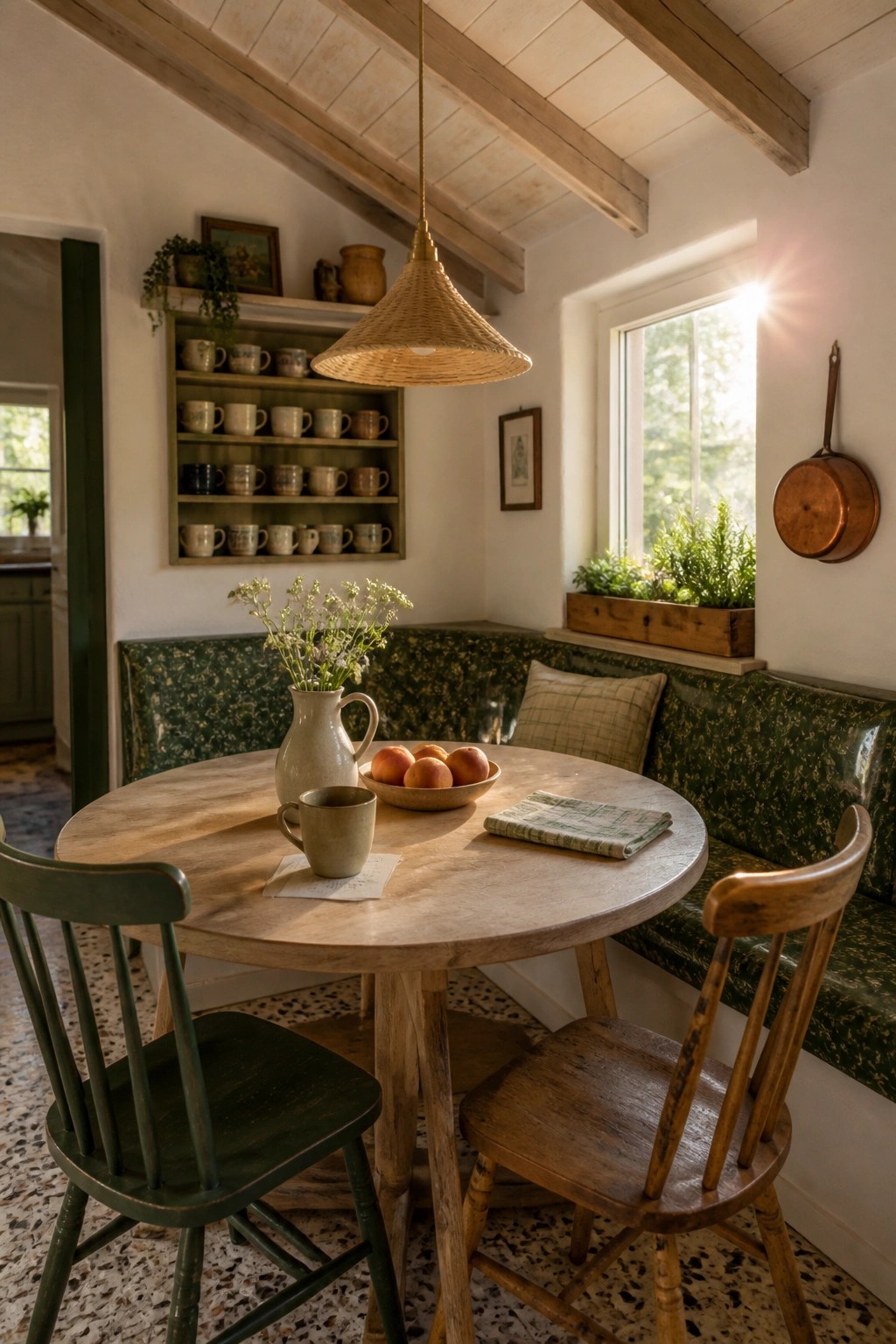 Interior dining space with round wooden table, mixed chairs, built-in bench, and vaulted ceiling with exposed wooden beams and whitewashed planks.