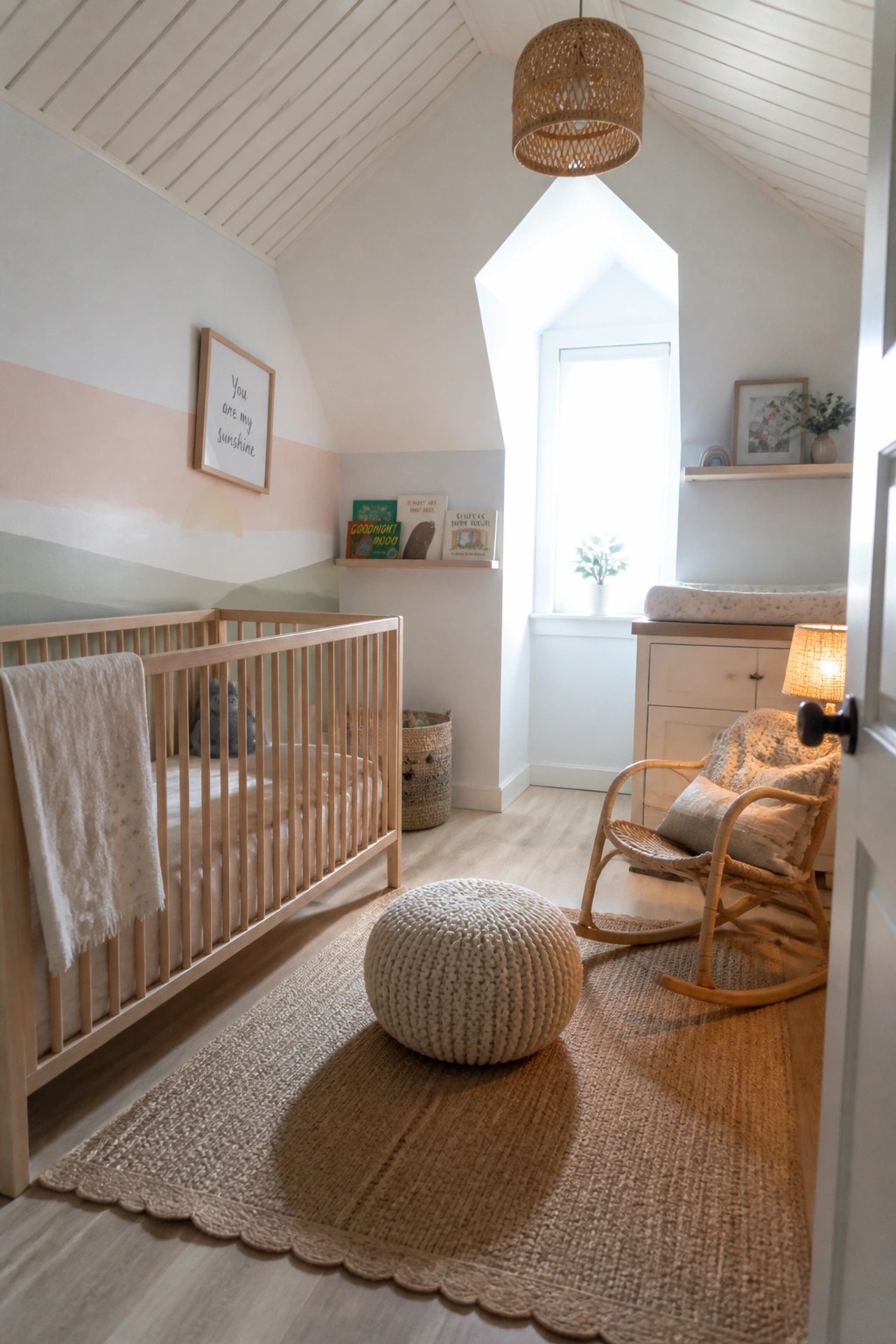 A nursery room with a light wood crib, woven rug, rocking chair, and white vaulted wood plank ceiling with a peaked window.