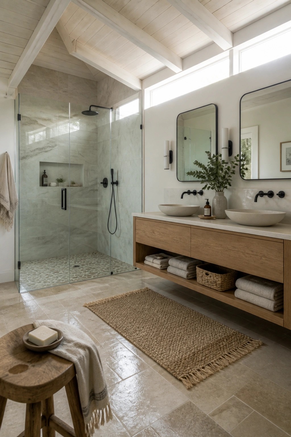 A bathroom interior with a vaulted light wood ceiling, marble shower enclosure, wooden vanity with two vessel sinks, and a woven rug on tiled flooring.