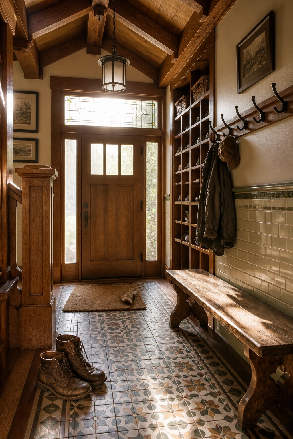 An interior entryway with a vaulted wood ceiling, exposed beams, a wooden front door with a stained glass transom, built-in cubbies, a wooden bench, and boots on patterned tile flooring.